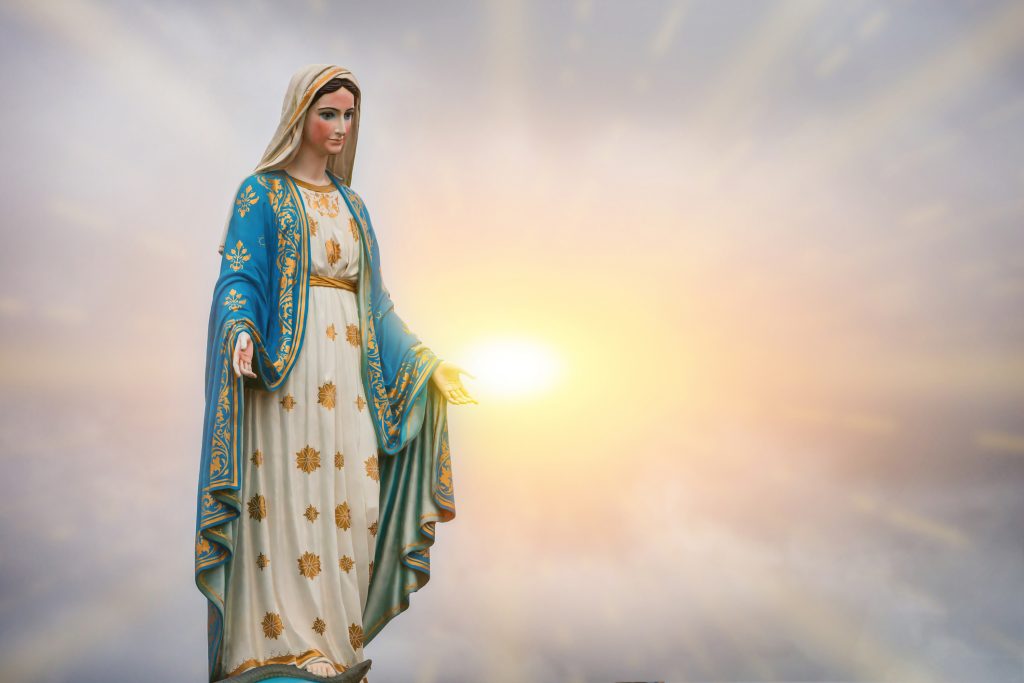 Virgin Mary statue and sunset at the Catholic Church Chanthaburi province, Thailand.