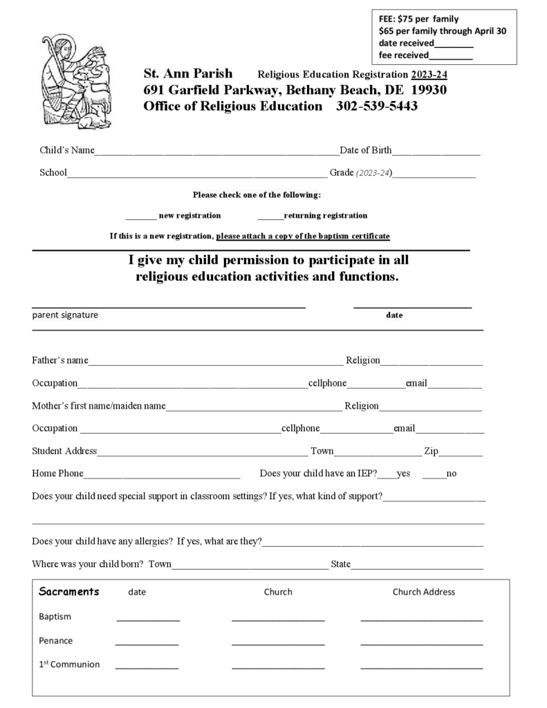 Religious Education Forms – Parish of St. Ann